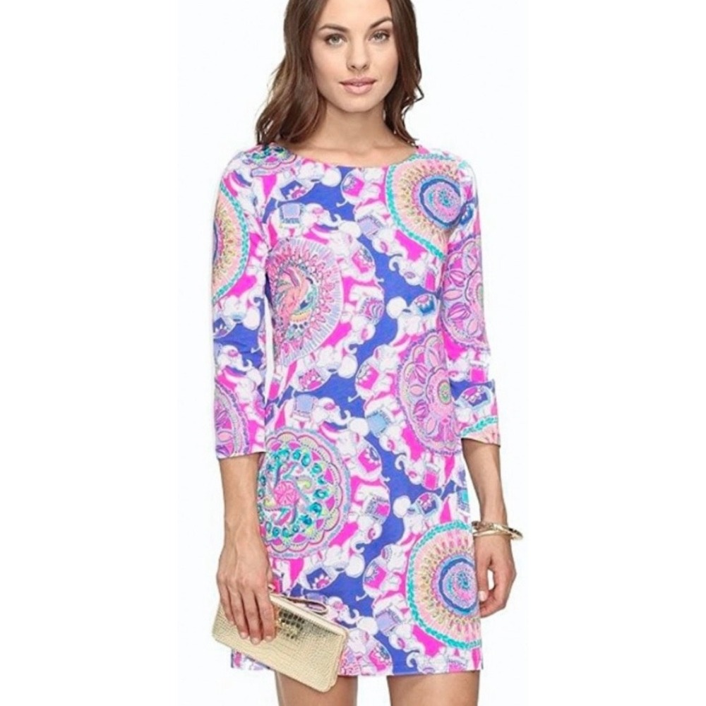 Lilly Pulitzer Marlowe Dress Elephant Pima Cotton 3/4 Sleeve Pink Blue XS